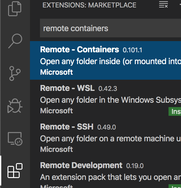 Remote containers in the extensions list